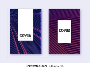Hipster cover design template set. Violet abstract lines on dark background. Comely cover design. Artistic catalog, poster, book template etc.