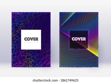 Hipster cover design template set. Rainbow abstract lines on dark blue background. Creative cover design. Fancy catalog, poster, book template etc.