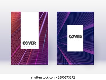 Hipster cover design template set. Violet abstract lines on dark background. Comely cover design. Alive catalog, poster, book template etc.
