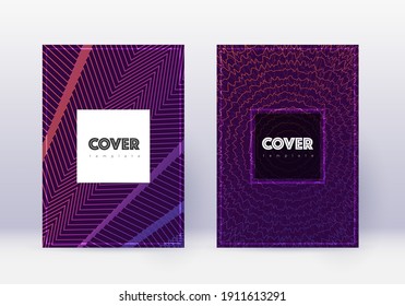 Hipster cover design template set. Violet abstract lines on dark background. Curious cover design. Neat catalog, poster, book template etc.