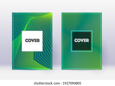 Conjunto de plantillas de diseño de portada Hipster. Líneas abstractas verdes sobre fondo oscuro. Diseño de tapa frío. Catálogo bizarro, afiche, plantilla de libro, etc.