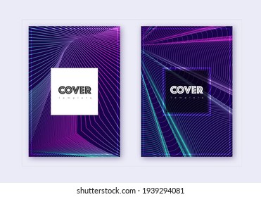 Conjunto de plantillas de diseño de portada Hipster. Líneas abstractas neón sobre fondo azul oscuro. Diseño de tapa frío. Catálogo, afiche, plantilla de libro, etc.