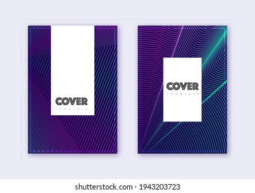 Conjunto de plantillas de diseño de portada Hipster. Líneas abstractas neón sobre fondo azul oscuro. Diseño de portada clásico. Catálogo dramático, afiche, plantilla de libro, etc.