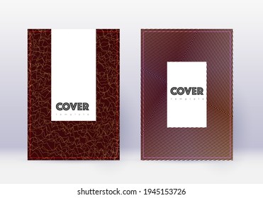 Hipster cover design template set. Gold abstract lines on maroon background. Charming cover design. Fine catalog, poster, book template etc.