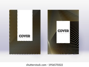 Hipster cover design template set. Gold abstract lines on black background. Captivating cover design. Symmetrical catalog, poster, book template etc.