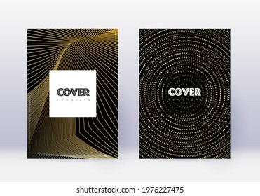 Hipster cover design template set. Gold abstract lines on black background. Comely cover design. Lovely catalog, poster, book template etc.