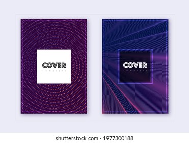 Hipster cover design template set. Violet abstract lines on dark background. Curious cover design. Quaint catalog, poster, book template etc.