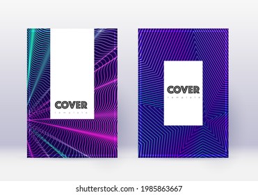 Hipster Cover Design Template Set. Neon abstrakte Linien auf dunkelblauem Hintergrund. Klassisches Cover-Design. Feiner Katalog, Plakat, Buchvorlage etc.