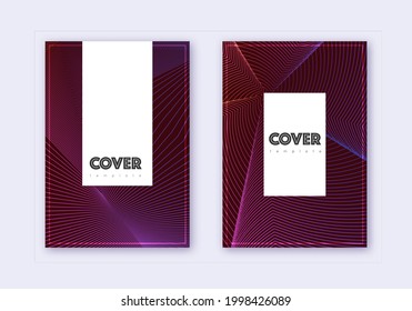 Hipster cover design template set. Violet abstract lines on dark background. Comely cover design. Bewitching catalog, poster, book template etc.