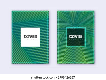 Conjunto de plantillas de diseño de portada Hipster. Líneas abstractas verdes sobre fondo oscuro. Diseño de tapa frío. Catálogo fascinante, afiche, plantilla de libro, etc.