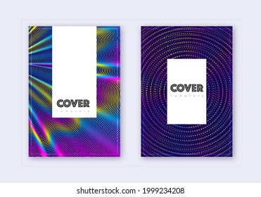 Conjunto de plantillas de diseño de portada Hipster. Líneas abstractas del arcoiris sobre fondo azul oscuro. Diseño de portada clásico. Tentador catálogo, afiche, plantilla de libro, etc.