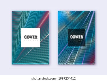 Conjunto de plantillas de diseño de portada Hipster. Líneas abstractas de color azul rojo sobre fondo oscuro. Diseño curioso de la cubierta. Catálogo excepcional, póster, plantilla de libro, etc.