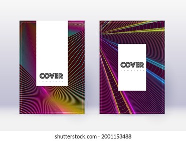 Hipster cover design template set. Rainbow abstract lines on wine red background. Classy cover design. Emotional catalog, poster, book template etc.