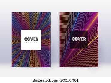 Hipster cover design template set. Rainbow abstract lines on wine red background. Creative cover design. Stunning catalog, poster, book template etc.