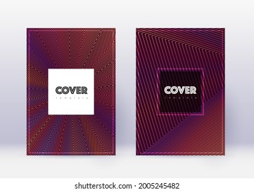Hipster cover design template set. Orange abstract lines on wine red background. Creative cover design. Dazzling catalog, poster, book template etc.