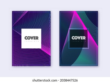 Hipster cover design template set. Neon abstract lines on dark blue background. Cool cover design. Mesmeric catalog, poster, book template etc.