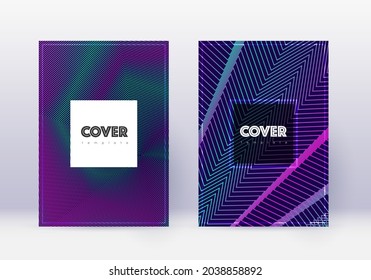 Conjunto de plantillas de diseño de portada Hipster. Líneas abstractas neón sobre fondo azul oscuro. Diseño de tapa frío. Catálogo jugoso, afiche, plantilla de libro, etc.