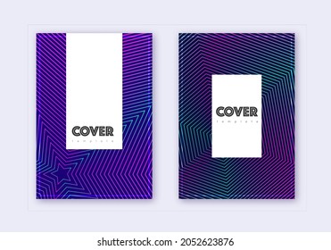 Hipster cover design template set. Neon abstract lines on dark blue background. Classic cover design. Elegant catalog, poster, book template etc.