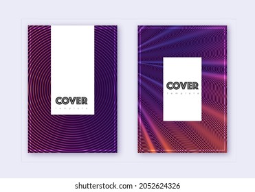 Hipster cover design template set. Violet abstract lines on dark background. Comely cover design. Classy catalog, poster, book template etc.