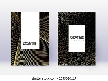 Hipster cover design template set. Gold abstract lines on black background. Captivating cover design. Sublime catalog, poster, book template etc.