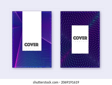 Hipster cover design template set. Neon abstract lines on dark blue background. Classic cover design. Amusing catalog, poster, book template etc.