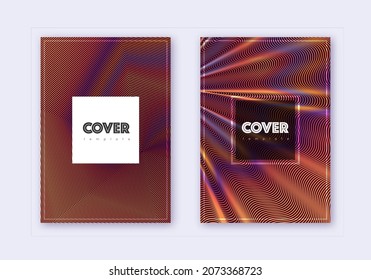 Hipster cover design template set. Orange abstract lines on wine red background. Creative cover design. Decent catalog, poster, book template etc.