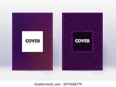 Hipster cover design template set. Violet abstract lines on dark background. Curious cover design. Posh catalog, poster, book template etc.
