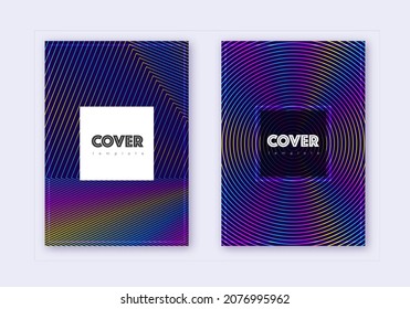 Hipster cover design template set. Rainbow abstract lines on dark blue background. Creative cover design. Lively catalog, poster, book template etc.