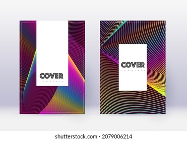 Hipster cover design template set. Rainbow abstract lines on wine red background. Classy cover design. Fresh catalog, poster, book template etc.
