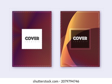 Hipster cover design template set. Orange abstract lines on wine red background. Creative cover design. Bizarre catalog, poster, book template etc.