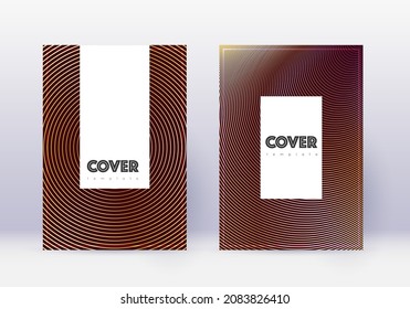 Hipster cover design template set. Gold abstract lines on maroon background. Charming cover design. Extraordinary catalog, poster, book template etc.