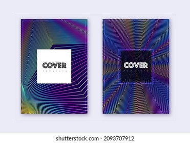 Hipster cover design template set. Rainbow abstract lines on dark blue background. Creative cover design. Graceful catalog, poster, book template etc.