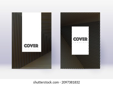 Hipster cover design template set. Gold abstract lines on black background. Captivating cover design. Stunning catalog, poster, book template etc.