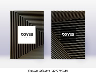 Conjunto de plantillas de diseño de portada Hipster. Líneas abstractas de oro sobre fondo negro. Diseño de portada. Catálogo excepcional, póster, plantilla de libro, etc.