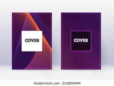 Hipster cover design template set. Violet abstract lines on dark background. Curious cover design. Lovely catalog, poster, book template etc.