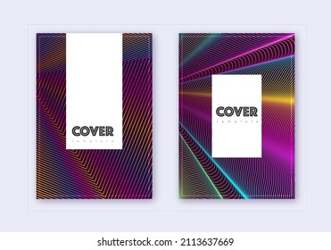 Hipster cover design template set. Rainbow abstract lines on wine red background. Classy cover design. Glamorous catalog, poster, book template etc.