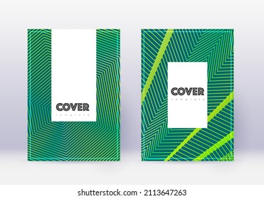 Conjunto de plantillas de diseño de portada Hipster. Líneas abstractas verdes sobre fondo oscuro. Encantador diseño de la cubierta. Catálogo, afiche, plantilla de libro, etc.