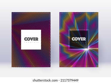 Hipster cover design template set. Rainbow abstract lines on wine red background. Creative cover design. Sightly catalog, poster, book template etc.