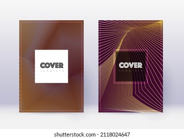 Hipster cover design template set. Gold abstract lines on maroon background. Comely cover design. Sublime catalog, poster, book template etc.