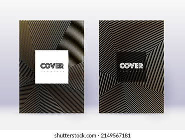 Conjunto de plantillas de diseño de portada Hipster. Líneas abstractas de oro sobre fondo negro. Diseño de portada. Catálogo ideal, afiche, plantilla de libro, etc.