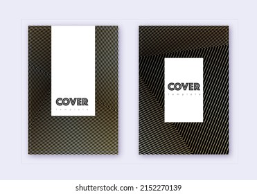 Hipster cover design template set. Gold abstract lines on black background. Charming cover design. Actual catalog, poster, book template etc.