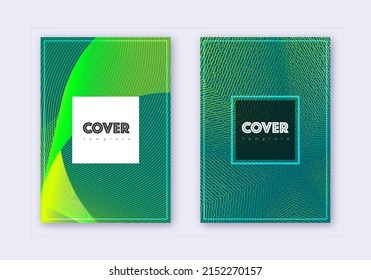 Conjunto de plantillas de diseño de portada Hipster. Líneas abstractas verdes sobre fondo oscuro. Diseño de tapa frío. Catálogo adicional, póster, plantilla de libro, etc.