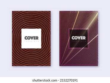 Hipster cover design template set. Gold abstract lines on maroon background. Cool cover design. Actual catalog, poster, book template etc.