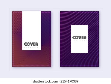 Hipster cover design template set. Violet abstract lines on dark background. Comely cover design. Divine catalog, poster, book template etc.