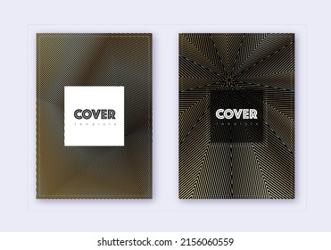 Hipster cover design template set. Gold abstract lines on black background. Comely cover design. Majestic catalog, poster, book template etc.