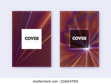 Hipster cover design template set. Orange abstract lines on wine red background. Creative cover design. Amusing catalog, poster, book template etc.