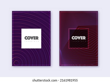 Hipster Cover Design Template Set. Abstrakte violette Linien auf dunklem Hintergrund. Neuartiges Cover-Design. Graceful Katalog, Poster, Buchvorlage etc.