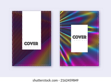 Hipster cover design template set. Rainbow abstract lines on wine red background. Classy cover design. Captivating catalog, poster, book template etc.