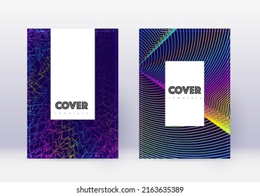 Hipster cover design template set. Rainbow abstract lines on dark blue background. Classic cover design. Terrific catalog, poster, book template etc.