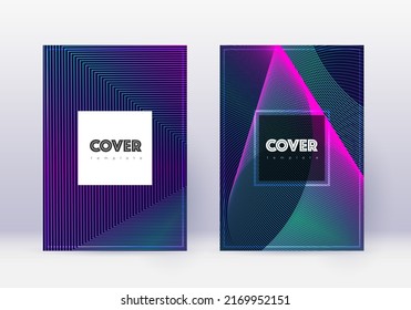 Conjunto de plantillas de diseño de portada Hipster. Líneas abstractas neón sobre fondo azul oscuro. Diseño de tapa frío. Increíble catálogo, afiche, plantilla de libro, etc.